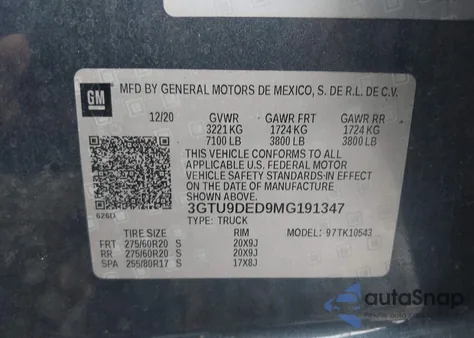 2021 GMC Sierra 1500 4Wd Short Box Slt from USA, damaged, VIN 3GTU9DED9MG191347